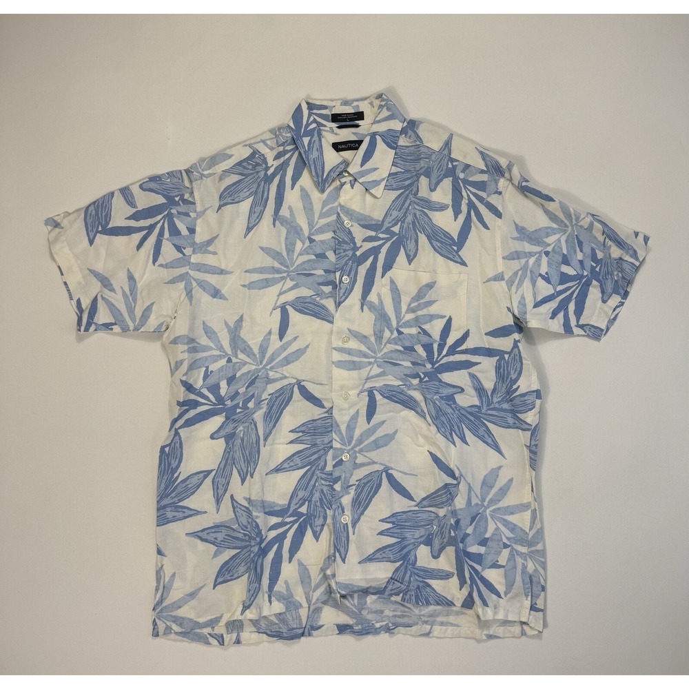 Nautica Mens Large Linen Blend Button Down Shirt White Blue Floral Vacation